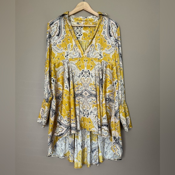 {Free People} Field of Butterflies Swing Tunic Top with Long Sleeves in Gold - Picture 2 of 11
